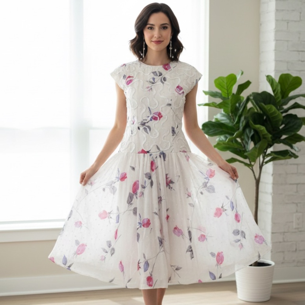 Nancy Bracoloni Waist Drop 80’s Floral‎ Vintage Dress Size 8